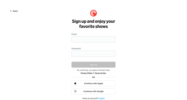 Log in - Pocket Casts screen