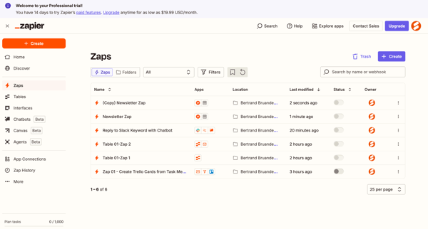 Zaps | Zapier screen