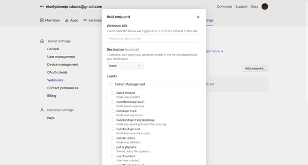Webhooks - Tailscale screen