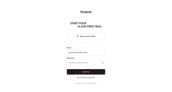 Sign up | Flodesk screen