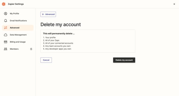 Delete Account | Zapier screen