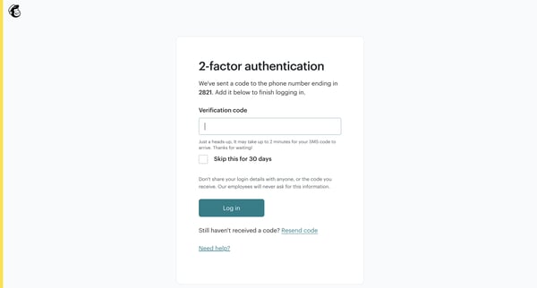 2-factor authentication | Mailchimp screen