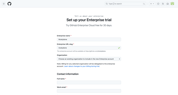 Set up your GitHub Enterprise Cloud trial screen