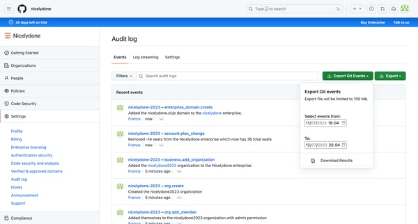 Audit log from Github