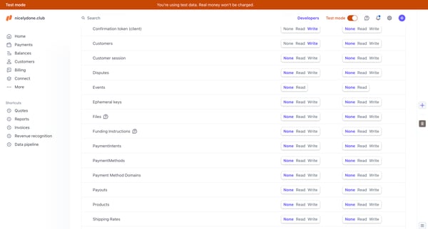 Developers – nicelydone.club – Stripe [Test] screen