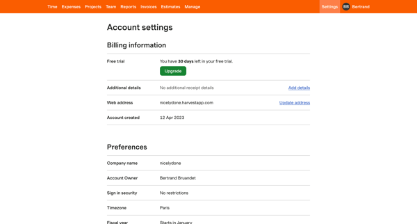 Settings – nicelydone – Harvest screen