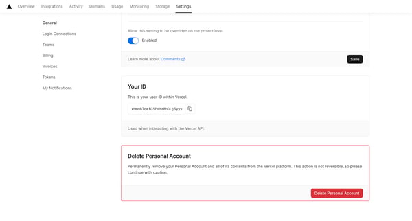 General – Account – Dashboard – Vercel screen