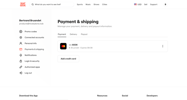 Payment | Shipping  SeatGeek screen