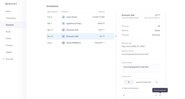 Mercury | Banking for startups screen
