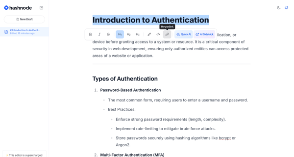 Free AI-powered Markdown WYSIWYG editor — Hashnode screen