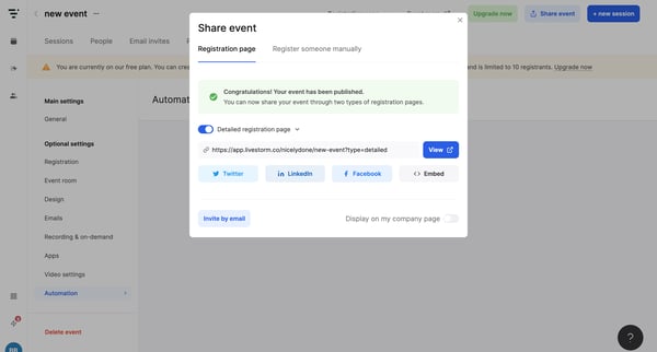 Dashboard | Livestorm screen