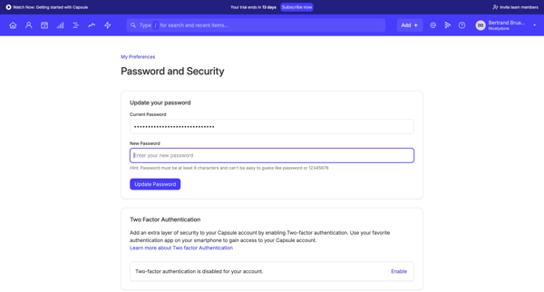 Password and Security | Nicelydone CRM screen