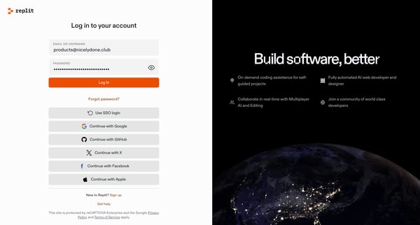 Log In - Replit screen