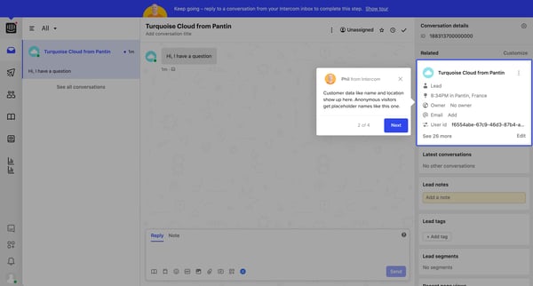 Turquoise Cloud from Pantin | Conversation Nicelydone Intercom screen