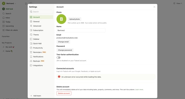 Account – Settings – Todoist screen
