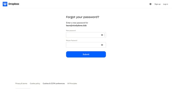 Dropbox - Reset your password screen