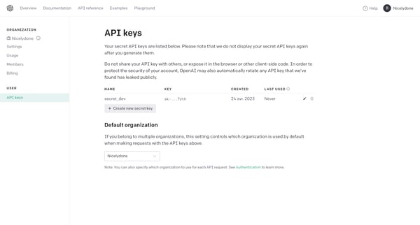 API keys - OpenAI API screen