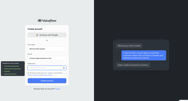 Voiceflow | Sign up for a new Account screen