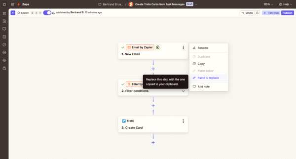 Create Trello Cards from Task Messages | Zapier screen
