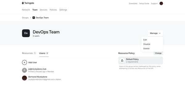 DevOps Team | Twingate Admin screen