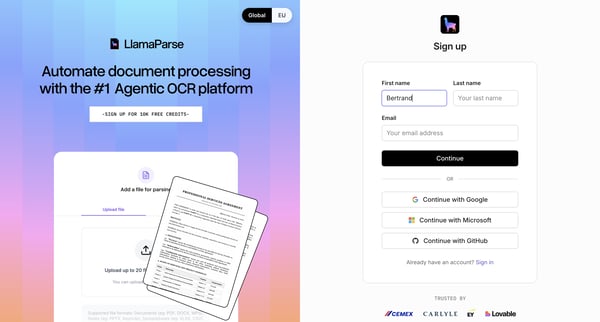 Sign up screen