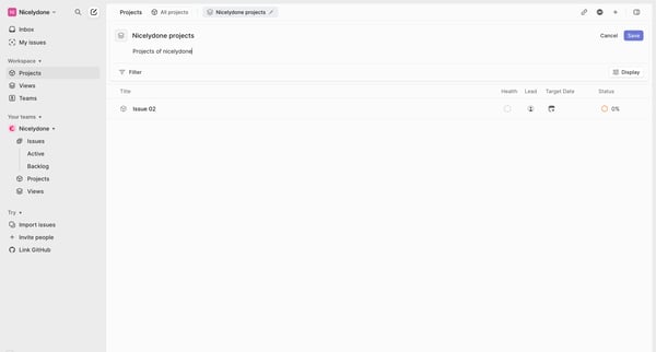 Projects screen
