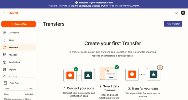 My Transfers | Zapier screen