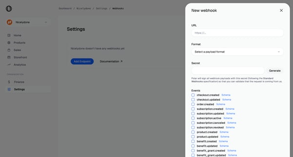 Webhooks | Nicelydone Polar screen