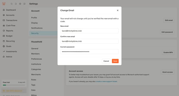 Security Settings screen