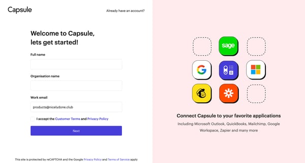 Signup | Capsule CRM screen