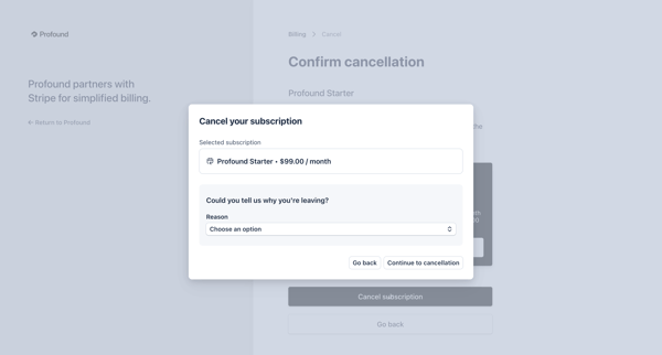 Cancel subscription | Profound Billing screen