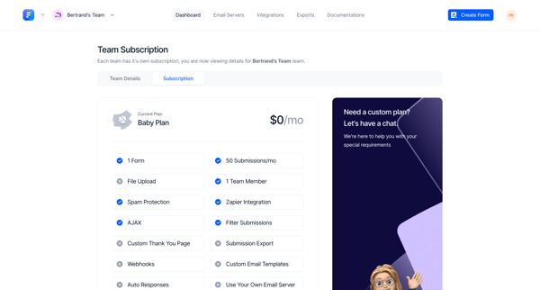 Subscription - Formcarry screen