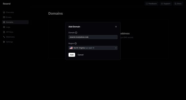 Domains · Resend screen