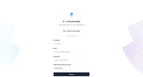Register - Formcarry screen