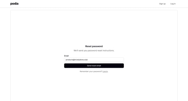 Podia Reset password screen