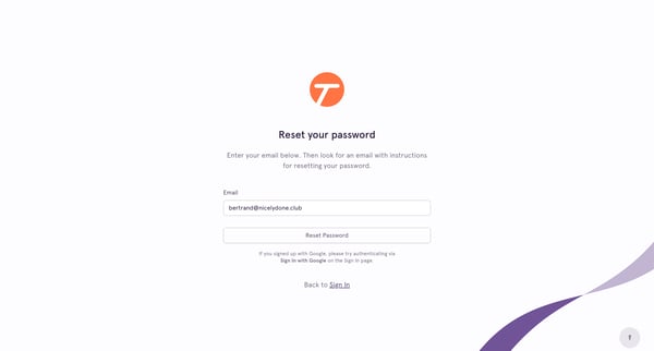 Reset Password screen
