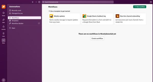 Workflows - Nicelydoneclub - Slack screen