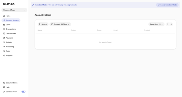 Lithic - Account Holders screen