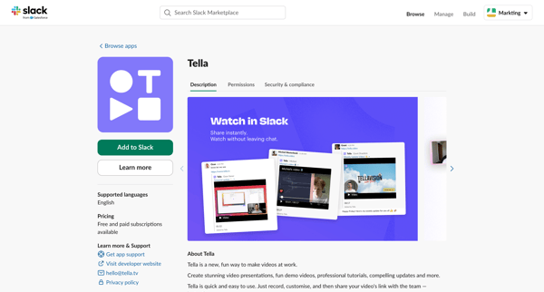 Tella | Slack Marketplace screen