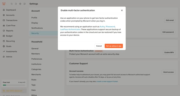 Security Settings screen