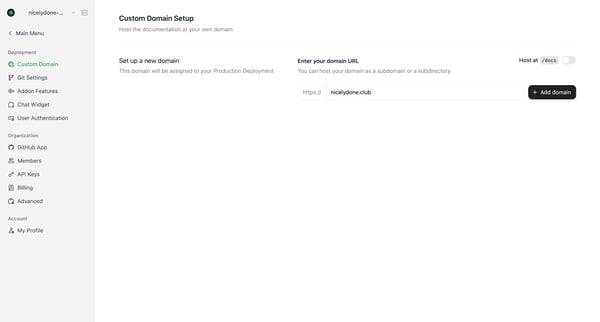Custom Domain Setup - Mintlify screen