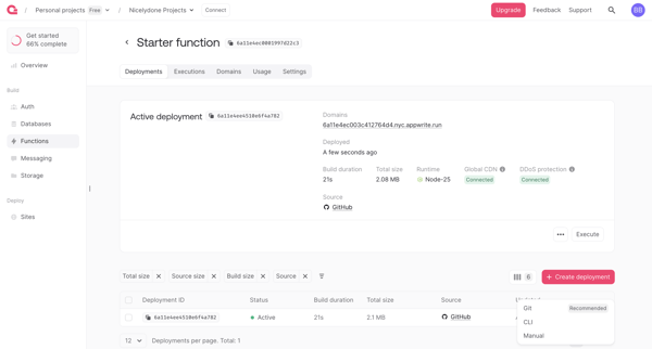 Create function - Appwrite screen