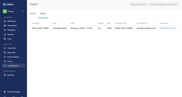 Exports | Vero screen