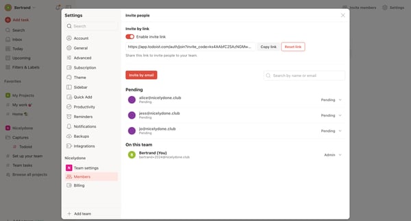 Invite people – Settings – Todoist screen