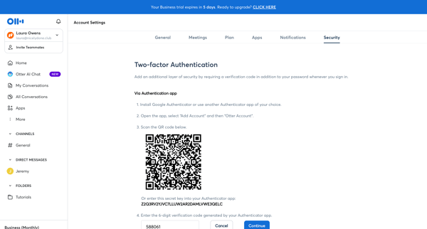 Account Settings - Otter.ai screen