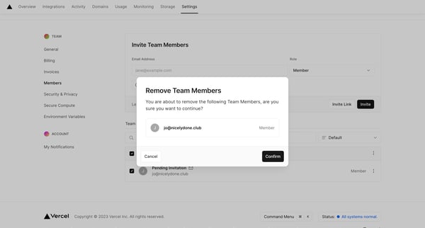 Members - Team Settings – Dashboard – Vercel screen
