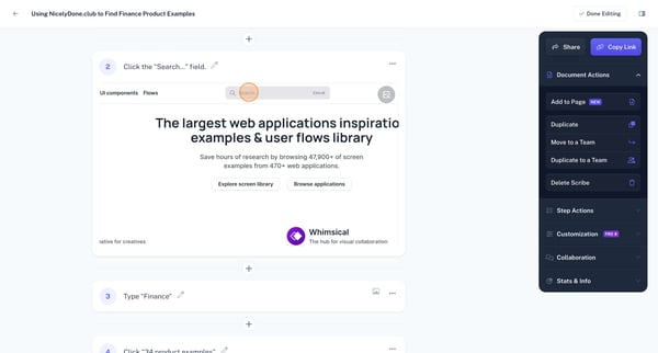 Using NicelyDone.club to Find Finance Product Examples | Scribe screen