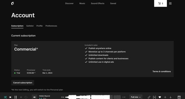 Manage account | Epidemic Sound screen