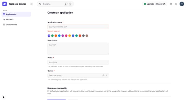 Topic Governance screen