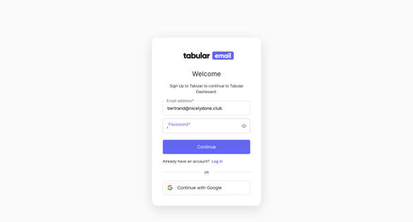 Sign up | Tabular Dashboard screen